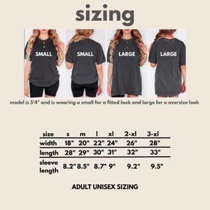 May include: Image showing a sizing guide for adult unisex t-shirts. The guide includes measurements for sizes S to 3XL, with width ranging from 18 to 28 inches and length from 28 to 33 inches. The text "sizing" is at the top.