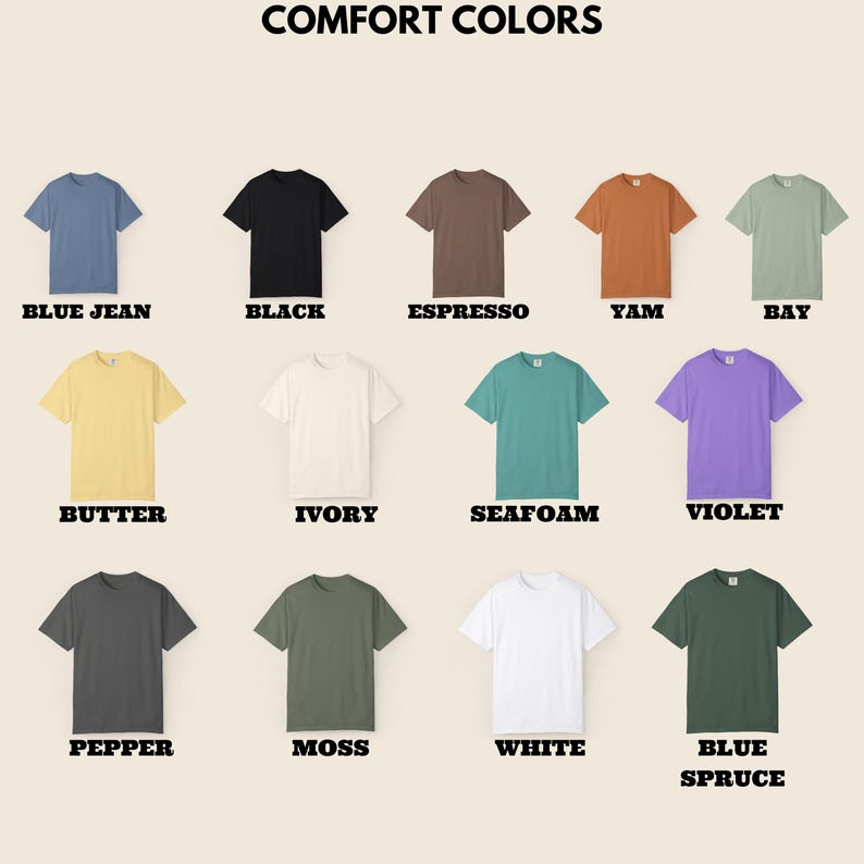 Puede incluir: Una colecci&oacute;n de doce camisetas de manga corta en varios colores, incluyendo azul vaquero, negro, espresso, &ntilde;ame, bah&iacute;a, mantequilla, marfil, espuma de mar, violeta, pimienta, musgo, blanco y azul abeto. El texto "COMFORT COLORS" est&aacute; en la parte superior.