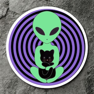 Cute Alien Cat Sticker - Waterproof Space Cat Vinyl Decal - Black Cat Laptop Sticker - Cat Lover Gift - Kawaii Alien Art