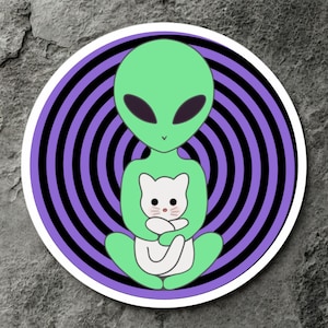 Cute Alien Cat Sticker - Waterproof Space Cat Vinyl Decal - White Cat Laptop Sticker - Cat Lover Gift - Kawaii Alien Art