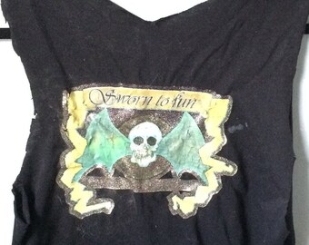 Vintage 1980s WInged Skull "Sworn To Fun..." T-Shirt-Glitter Heat Transfer-Black Sleevless Unisex Tee-Small-Halloween/PunK/Goth/Biker/Metal