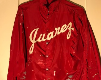 Vintage 1970s Distress Fest Windbreaker Jacket-Red Nylon-Size SMALL-'Juarez' as-is. Surfer/Athletic/Hot Rod/Yacht Club style jacket