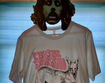 Chris Darrow T-Shirt-Ltd. Edition Memorial event Shirt-Silver Grey 100% Cotton-Coyote Art+Psychedelic text-60s Rock/Psych/Country/Surf/Folk