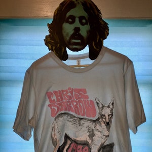 Chris Darrow T-Shirt-Ltd. Edition Memorial event Shirt-Silver Grey 100% Cotton-Coyote Art+Psychedelic text-60s Rock/Psych/Country/Surf/Folk