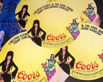Elvira-Mistress of the Dark-Lot of 5x 1994 Coors Beer Halloween 8" round displays-fund raiser. New Old Stock! Horror/Goth/LGTBQ/CoorsBeer