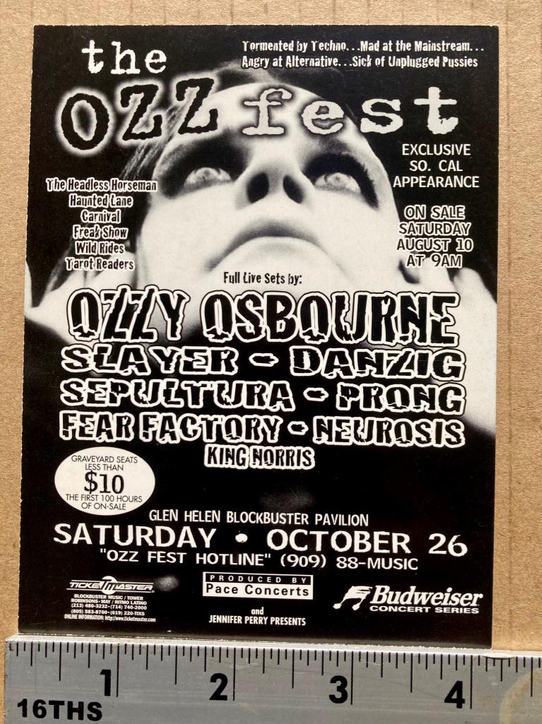 1996 Ozzfest -first Ever Concert Postcard, Ozzy Osbourne, Slayer