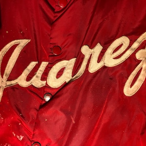 Vintage 1970s Distress Fest Windbreaker Jacket-Red Nylon-Size SMALL-&#39;Juarez&#39; as-is. Surfer/Athletic/Hot Rod/Yacht Club style jacket