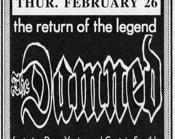 The Dammed-1998 USA concert flyer-San Bernardino, Ca- 5x7 inches.Ex Cond-Dave Vanian/Rat Scabies-'77 Punk Rock/Goth/Death Rock/Garage Rock