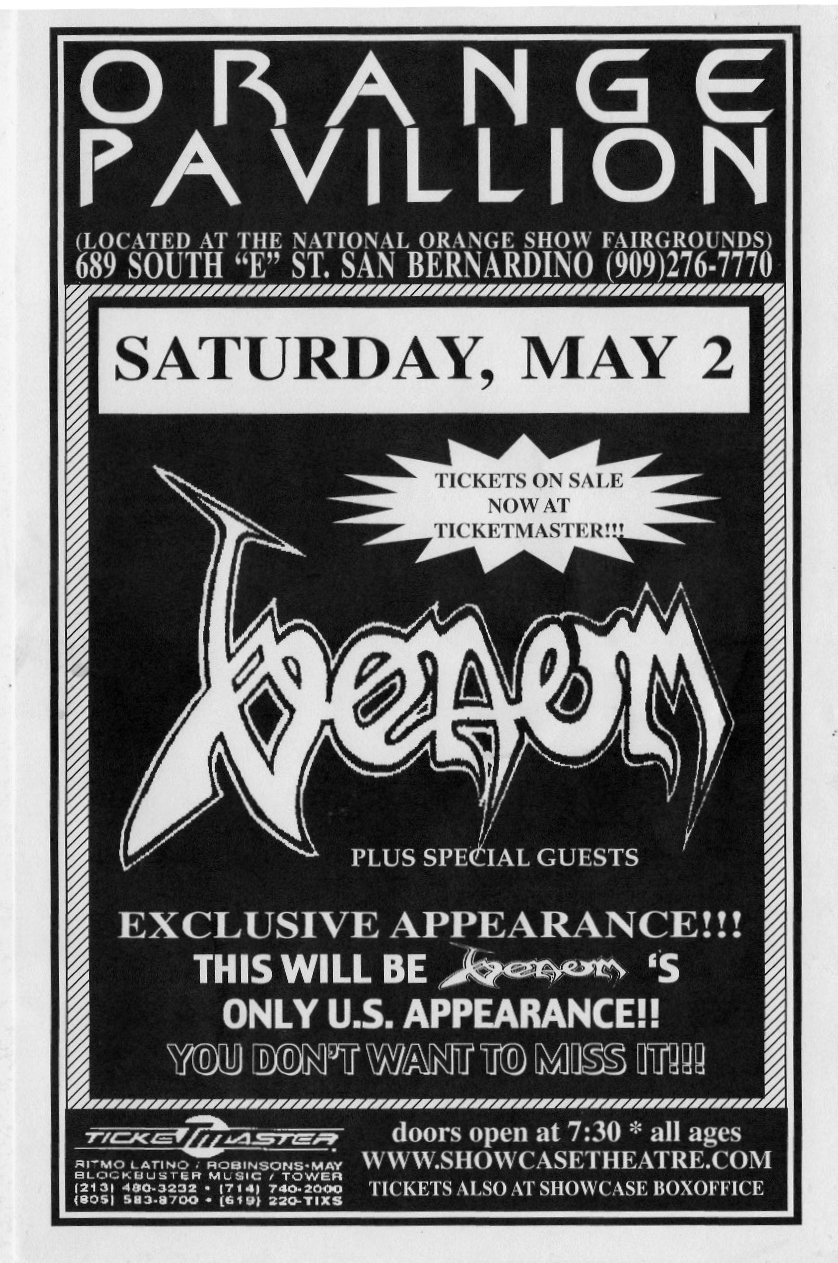 Venom 1998 USA Concert Flyer-san Bernardino, Ca-5x7 Inches.ex Cond