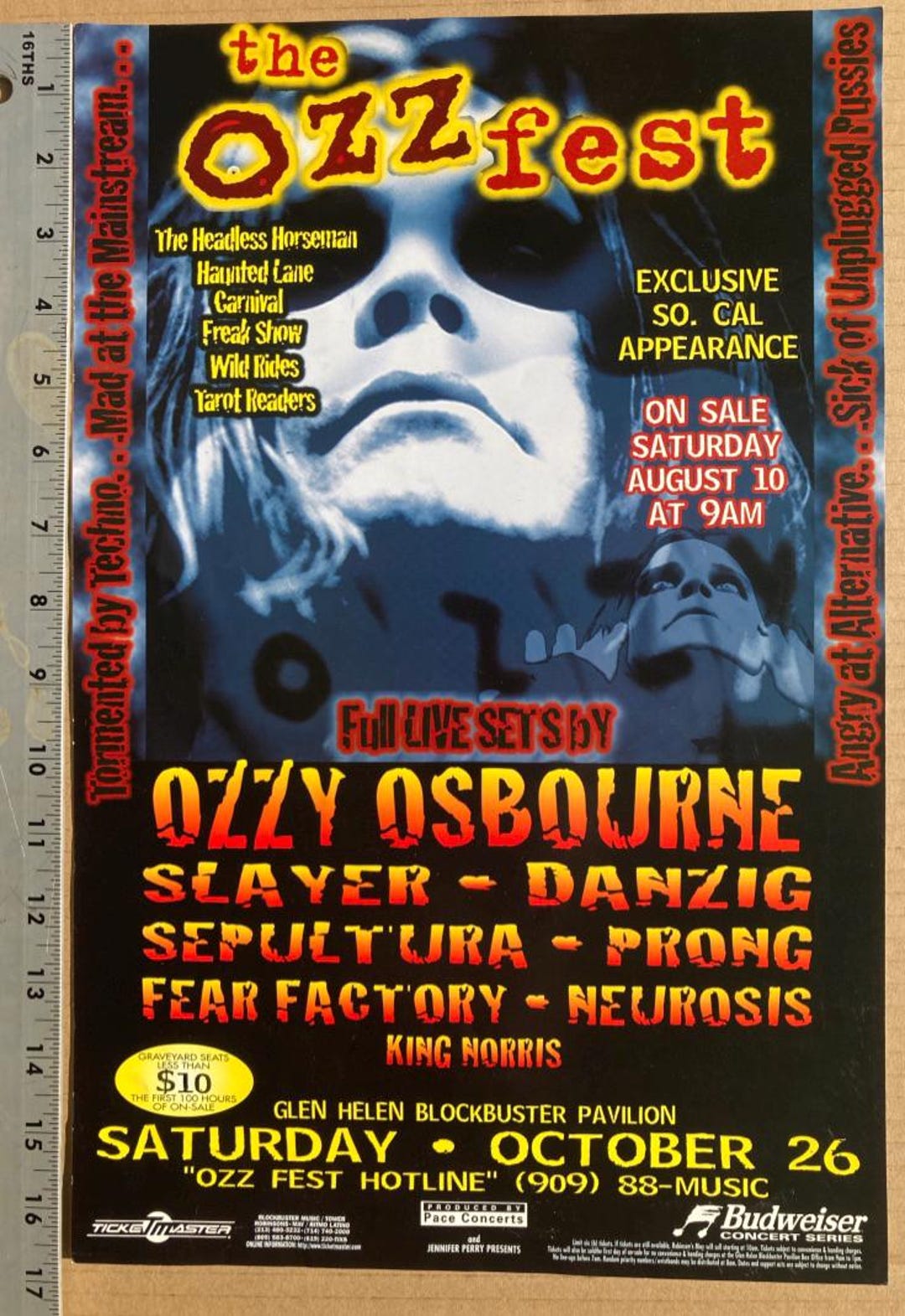 1996 Ozzfest -first Ever Concert Postcard, Ozzy Osbourne, Slayer