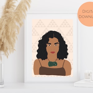 Wavy haired wahine Art Print - Digital Download Aotearoa New Zealand