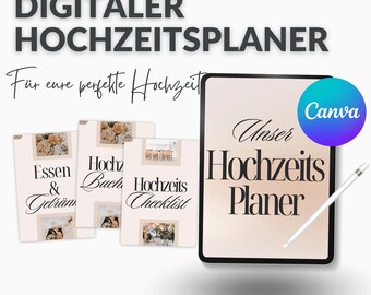 May include: A digital wedding planner template on a tablet screen with a stylus. The template is titled "Unser Hochzeits Planer" and features a light pink background with a floral design. The tablet is on a white surface with three smaller templates for "Essen & Getränk", "Hochzeits Buch", and "Hochzeits Checklist".