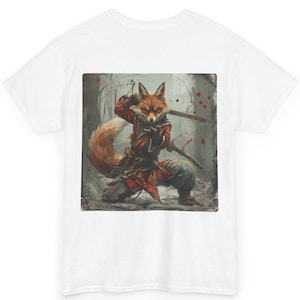 T-shirt graphique unisexe en coton renard guerrier, chemise animal d&#39;arts martiaux mystiques, chemise spirituelle samouraï zen, vêtement de joueur de personnage fantastique