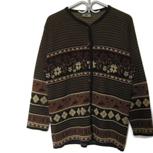 90's Black Brown Floral Jacquard Knit Acrylic Cardigan Slouchy Style Sweater Jumper Gift for Friend Women's Size Medium image 1