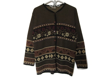 90's Black Brown Floral Jacquard Knit Acrylic Cardigan - Slouchy Style Sweater Jumper - Gift for Friend - Women's Size Medium