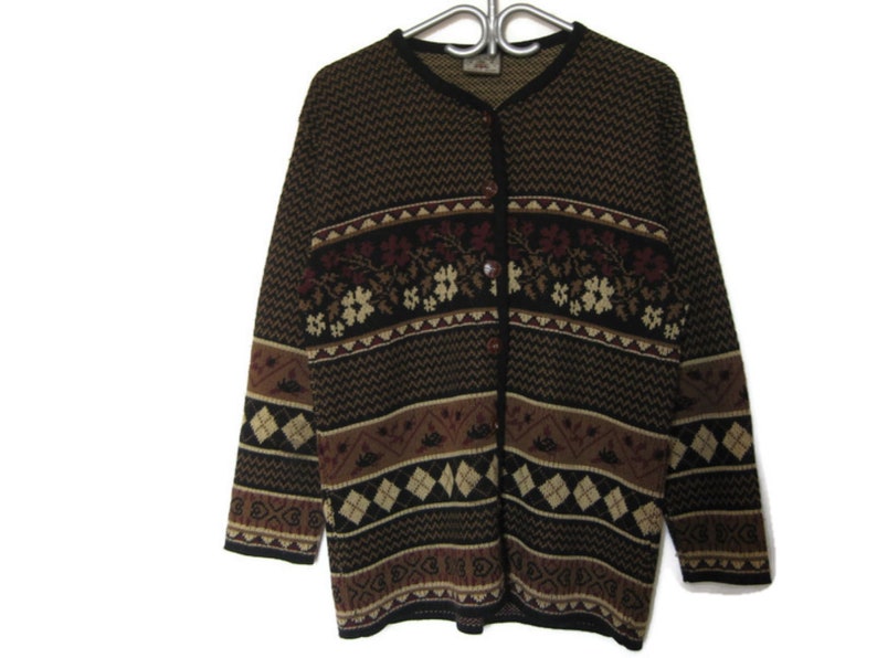 90's Black Brown Floral Jacquard Knit Acrylic Cardigan Slouchy Style Sweater Jumper Gift for Friend Women's Size Medium image 1
