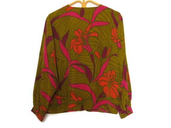 80's Abstract Print Crew Neck Blouse - Full butto… - image 3