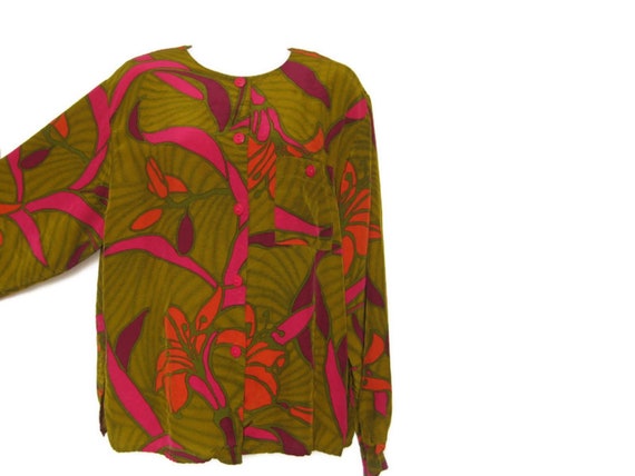 80's Abstract Print Crew Neck Blouse - Full butto… - image 2