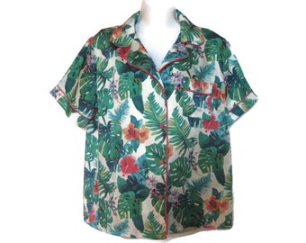 Green Leaf And Floral Printed Pajama Shirt - Polyester Blouse - Women's Short Sleeve Top - Gift for Friend - Women's Size MEDIUM