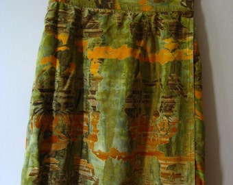 Vintage 90s Abstract Print Short Wrap Skirt - Green Yellow Tones Festival Boho Hippie Skirt