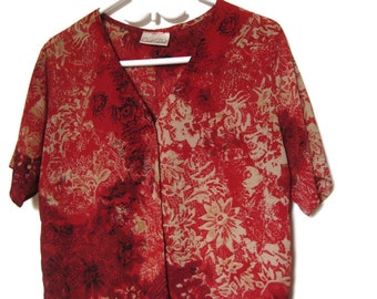 Red Beige Floral Abstract Print Blouse Shirt - Carroll Reed Brand Short Sleeve Top - Gift for Mom - Women's Size Large