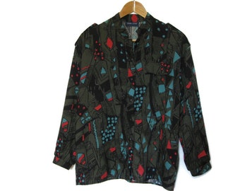 90's Abstract Print Blouse with Shoulder Tabs - Mod Shirt - Gift for Friend - Women's Size Medium