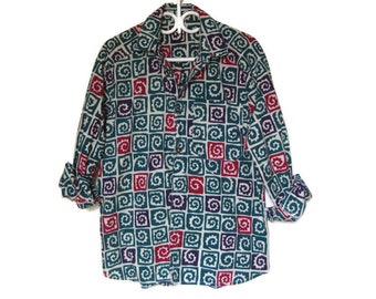 90's Colorful Geometric Abstract Print Hippie Style Long Sleeve Shirt - Hipster Clothing - Gift for Friend - Men's Size Medium