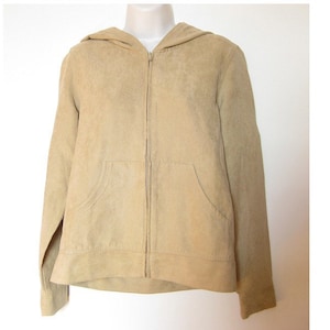 Vintage 90&#39;s Beige Lightweight Jacket - Minmalist Clothing - Non stretch Fake Faux Suede Zip Up Hoodie - Women&#39;s Size MEDIUM