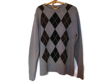 Pull gris à losanges des années 90 - Pull preppy, homme grand