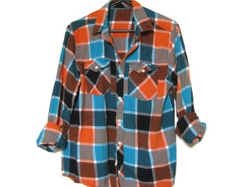Plaid flannel shirt - Orange Turquoise Lumberjack Shirt - Grunge Skater Clothes - Gift for Friend - Men's size Medium