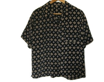 Short Sleeve Diamond Print Polyester Shirt - Women's Blouse - Gift For Friend - Women's Size Large