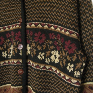 90's Black Brown Floral Jacquard Knit Acrylic Cardigan Slouchy Style Sweater Jumper Gift for Friend Women's Size Medium image 3