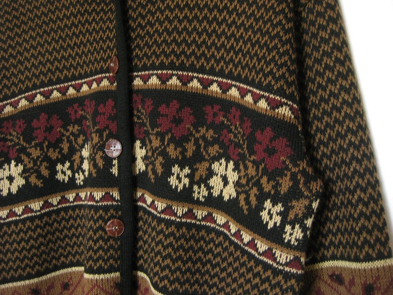 90's Black Brown Floral Jacquard Knit Acrylic Cardigan Slouchy Style Sweater Jumper Gift for Friend Women's Size Medium image 3