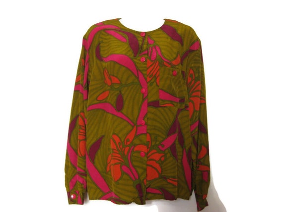 80's Abstract Print Crew Neck Blouse - Full butto… - image 1