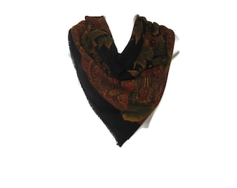 Vintage 90's Black Red Leaf Paisley Print Large Square Scarf - Gift for Friend - Gift for Mom - Holiday Gifts