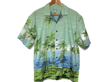 Vintage Palm Trees Print Hawaiian Shirt - Green Blue Blouse - Hippie HIPSTER Festival Clothing - Gift for Friend - Men's Size Large