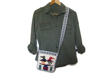 90's Vintage HIPPIE Cross Body Bag - Bird Design MINI Woven Wool Ethnic Shoulder Purse - Gift for Friend
