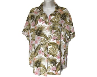 Women's Green Pink Floral And Leaf Print Hawaiian Style Blouse - Gift for Friend - Women's Size Medium