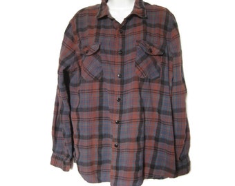 Vintage Terracotta and Blue Plaid Flannel Shirt With 2 Chest Pocket - Skater Clothes - Gift For Friend - Men's Size Large