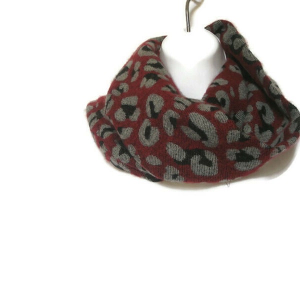 Dark Red Black Gray Leopard Print Cowl Scarf - Handmade Infinity Tube Scarf for Fall Winter - Neck Warmer - Gift for Friend