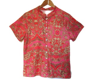 90's Abstract Print Polyester Top - Bright Pink Raglan Sleeve Blouse - Mandarin Collar Top - Gift for Friend - Women's Size Medium