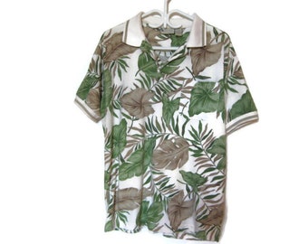 90's Vintage Men's Polo Shirt - Beige Green Leaf Print Top T-shirt - Sporty Style Jumper - Men's Size Medium