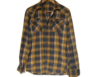 90's Yellow and Gray Cotton Plaid Long Sleeve Shirt - 2 Chest Pockets - Gift for Son - Gift for Friend - Men's Size SMALL