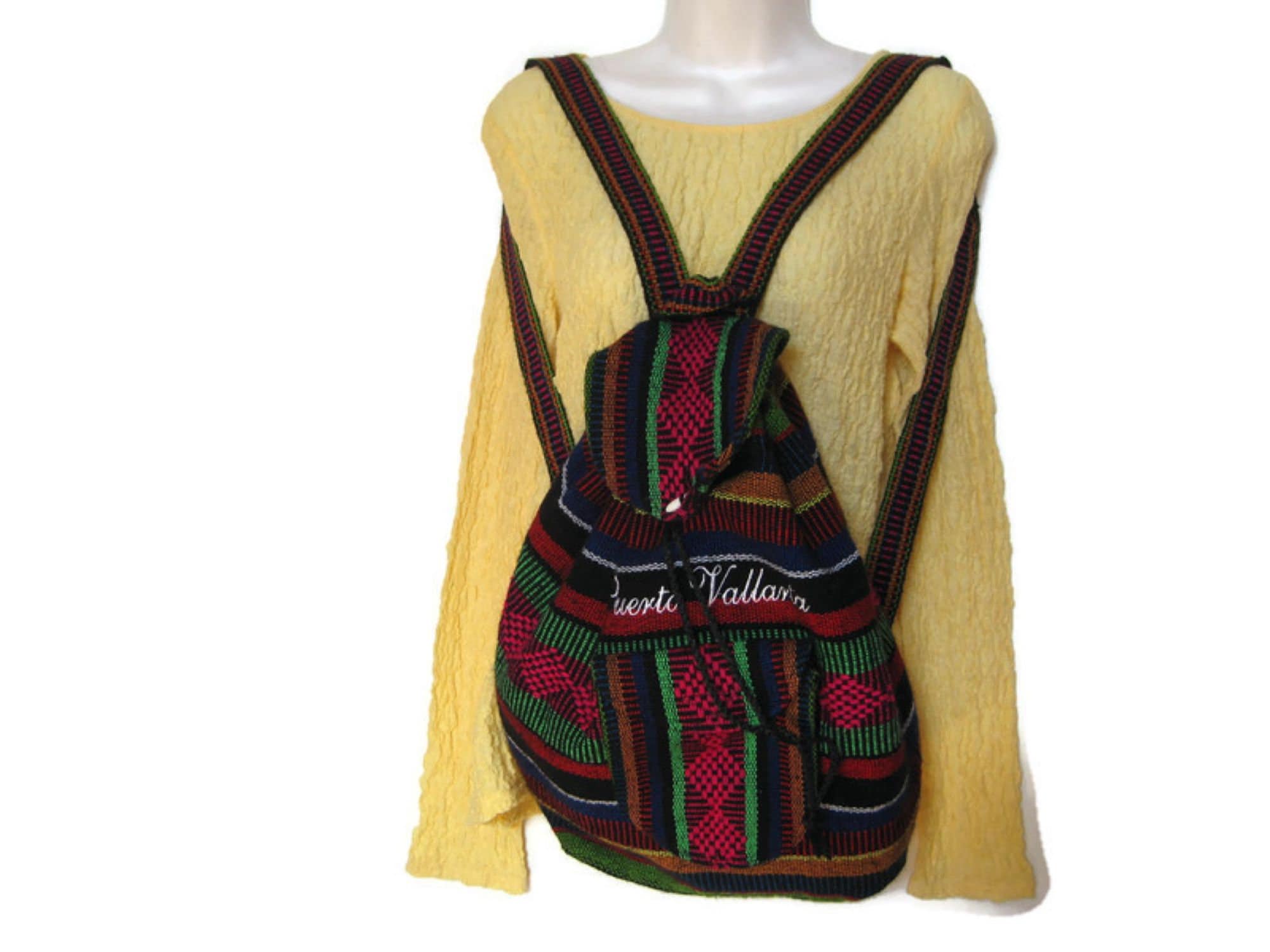 VTG Puerto Vallarta Mexico Cotton Backpack Handmade Woven Boho Hippie Festival Pizon Purple Artisanal Woven Textile Backpack From Mexico  main image 4