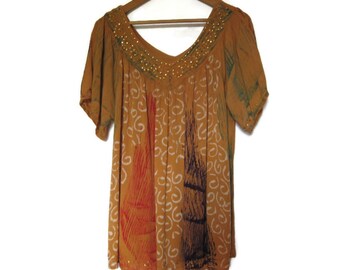 Boho Hippie Summer Top With Imitation  Rhinestone Accents At Neckline, Sleeve Edges and Front Bottom Hem - Oversize Blouse