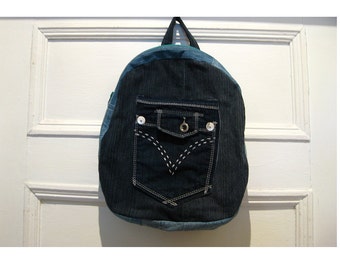 Denim Backpack - Up cycled Fabric - Handmade One of a Kind Hipster Bag - Gift for Friend