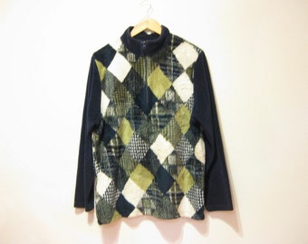 90's Clothing - Vintage Diamond Pullover - Hipster Plush Fleece Multicolor Sweater - Unisex Jumper - Men's MEDIUM