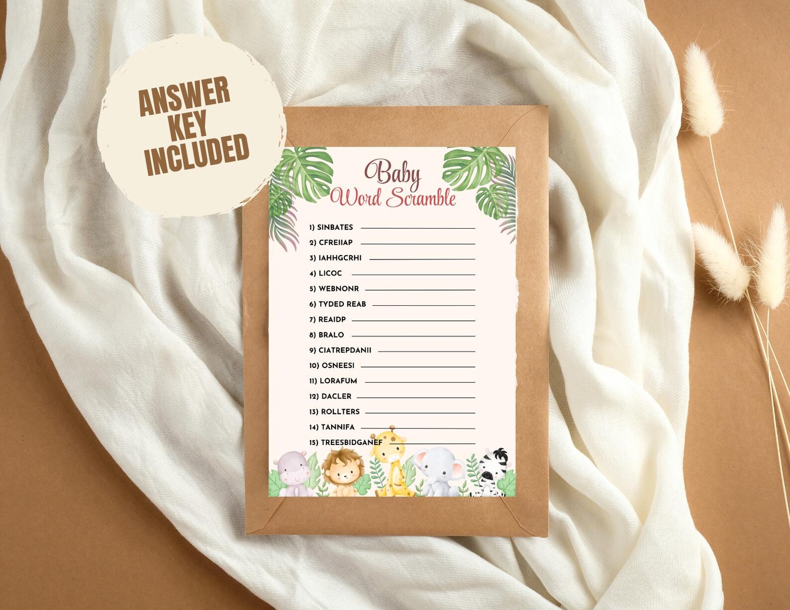 Jungle Safari Baby Shower Word Scramble Printable Game | Animal Theme ...