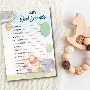Printable Winnie the Pooh Baby Shower Word Scramble / Boho guessing Games / Instant Download / Gender Reveal / baby theme celebration