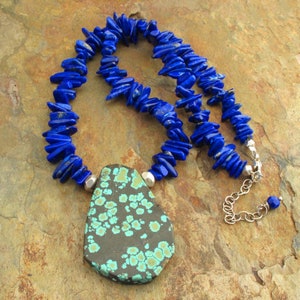 Turquoise lapis necklace, chunky necklace, bohemian necklace, rustic gemstone necklace, southwest necklace, turquoise pendant, lapis lazuli image 1